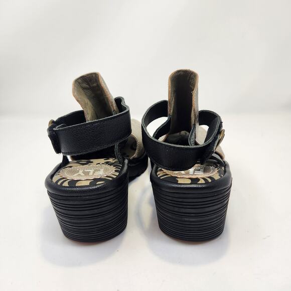 Fly London Wena Silver Black Leather Slingback Sandal Size 38 US 7.5 Peep Toe - Picture 6 of 8